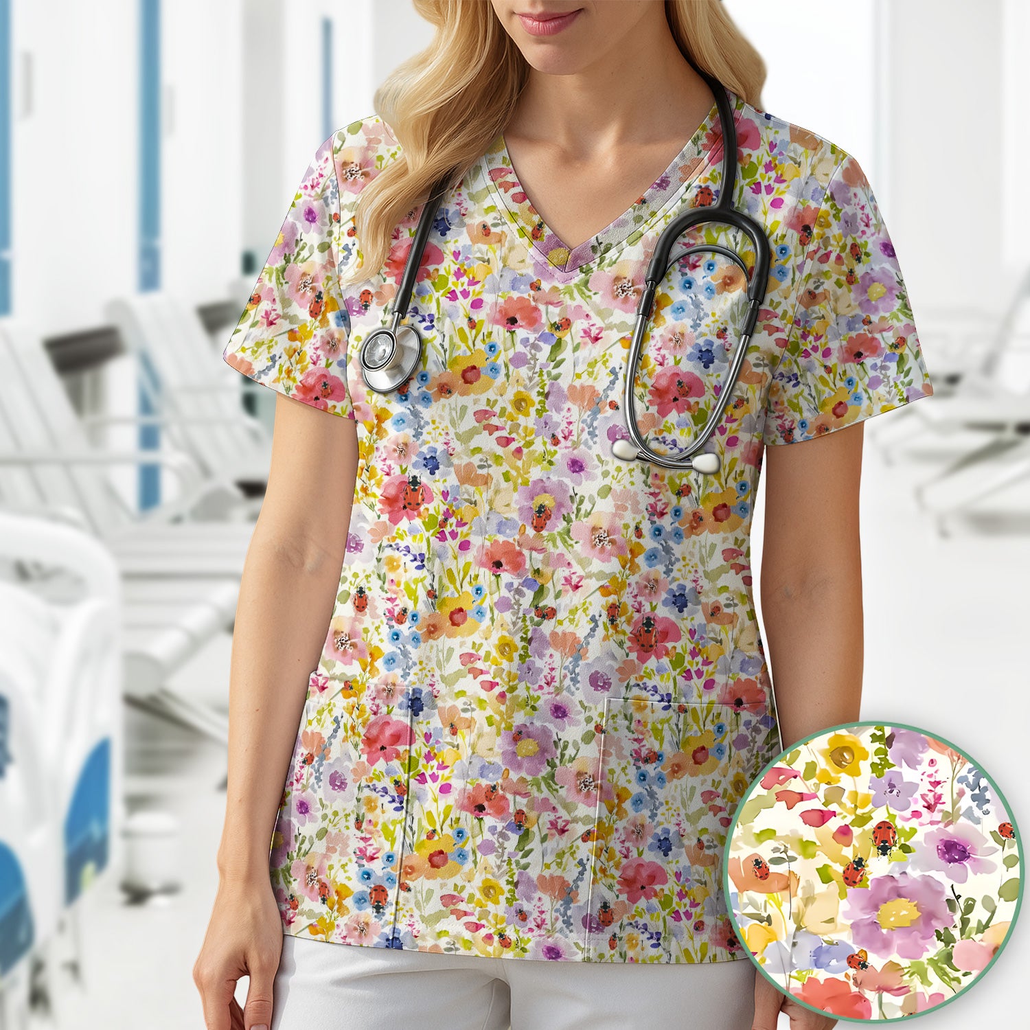 Cute Wildflower Ladybug Garden Pattern Scrub Top, Comfortable Scrubs for Nurses