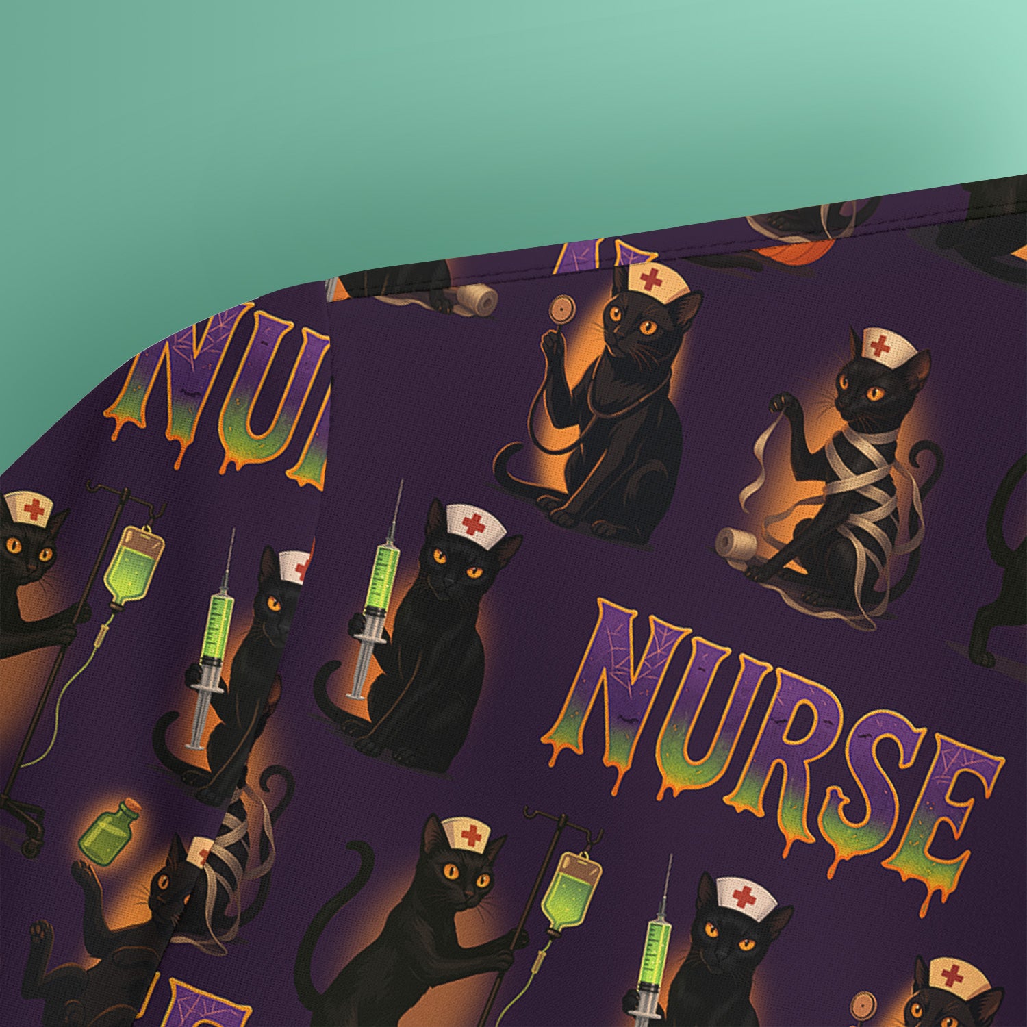 Halloween Nurse Scrub Top for Women - Cute Black Cat and Pumpkin Medical Design - Spooky Gift for RN LPN CNA
