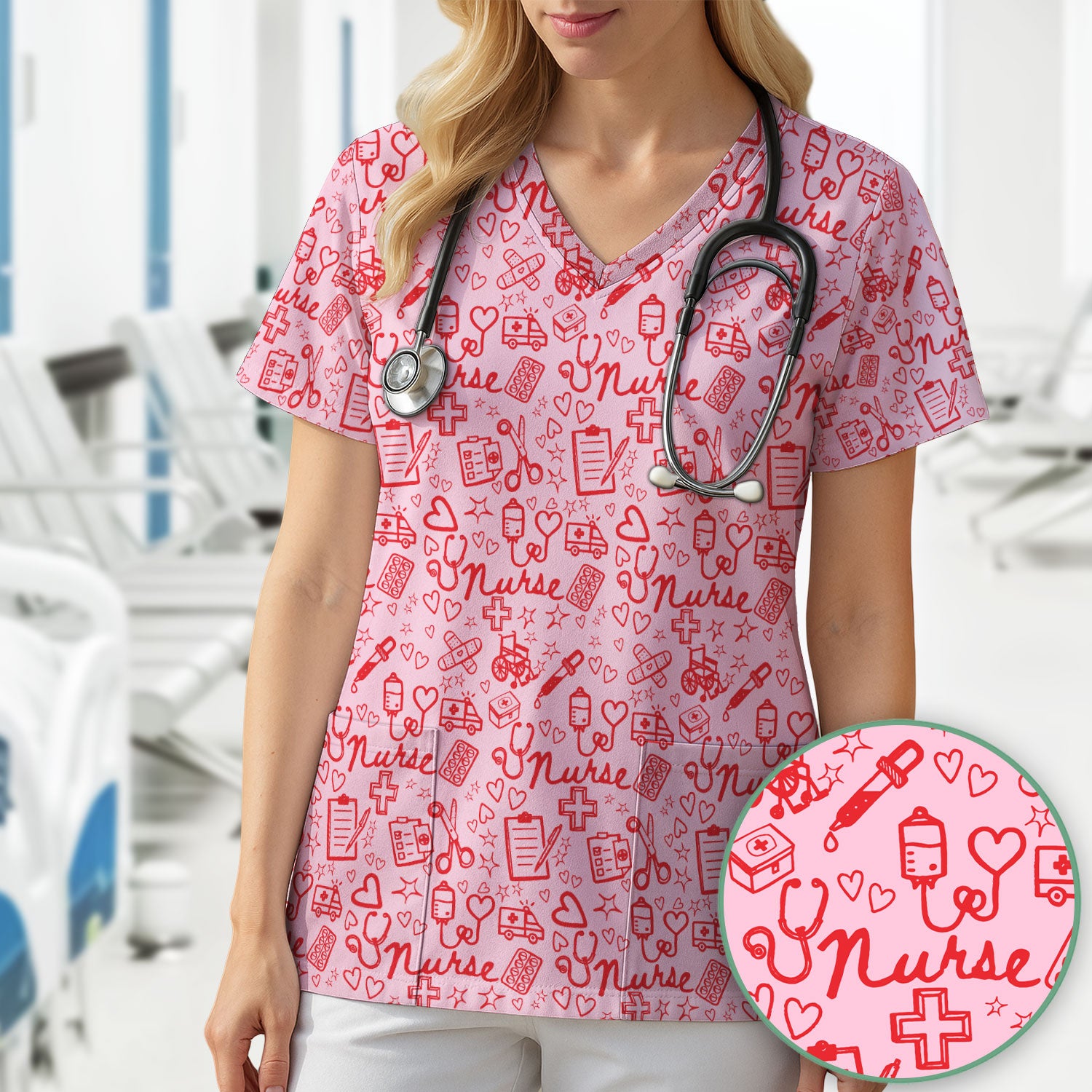 Cute Nurse Heart Medical Pattern Scrub Top, Comfortable Scrubs for Nurses