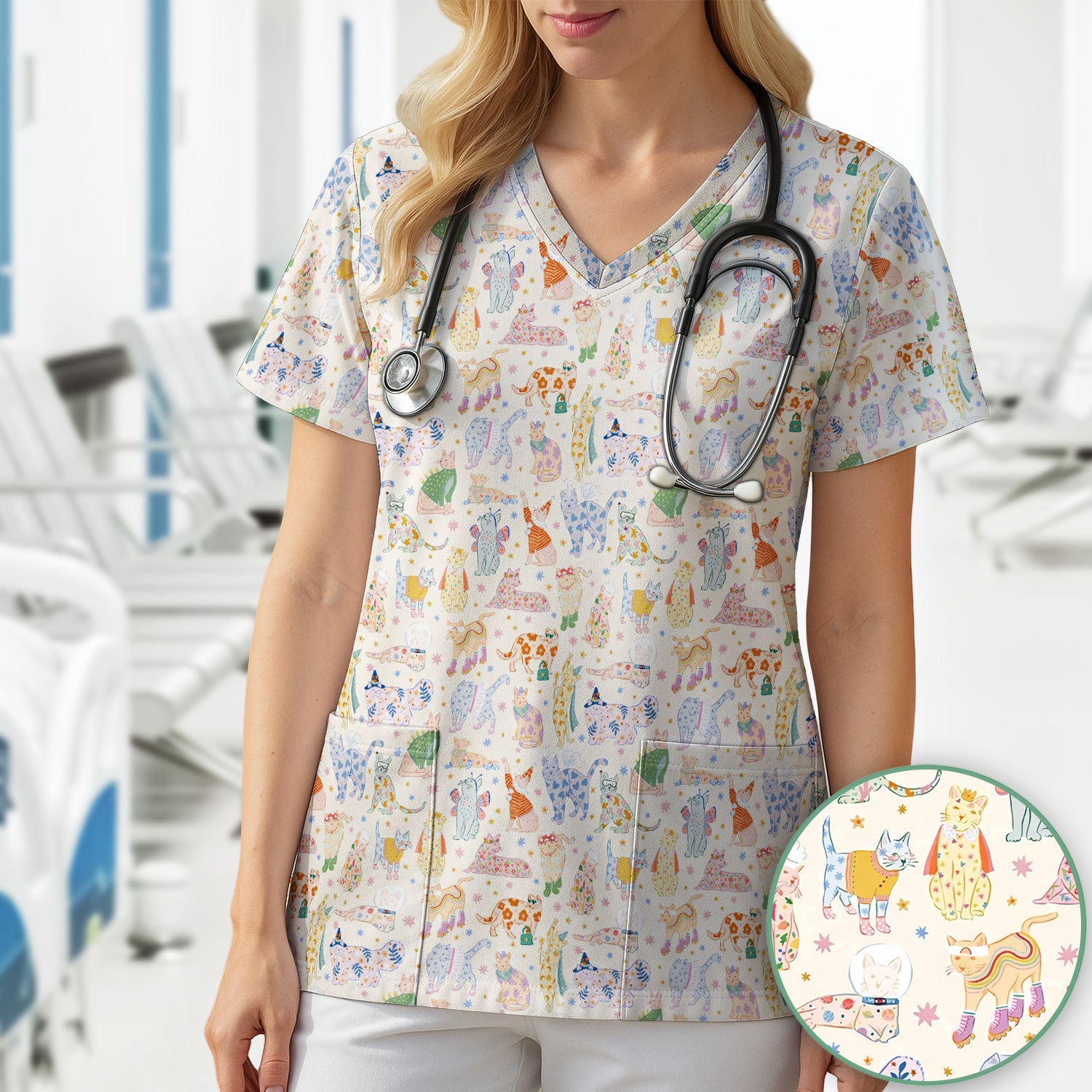 Cute Colorful Cats Pattern Scrub Top, Comfortable Scrubs for Nurses