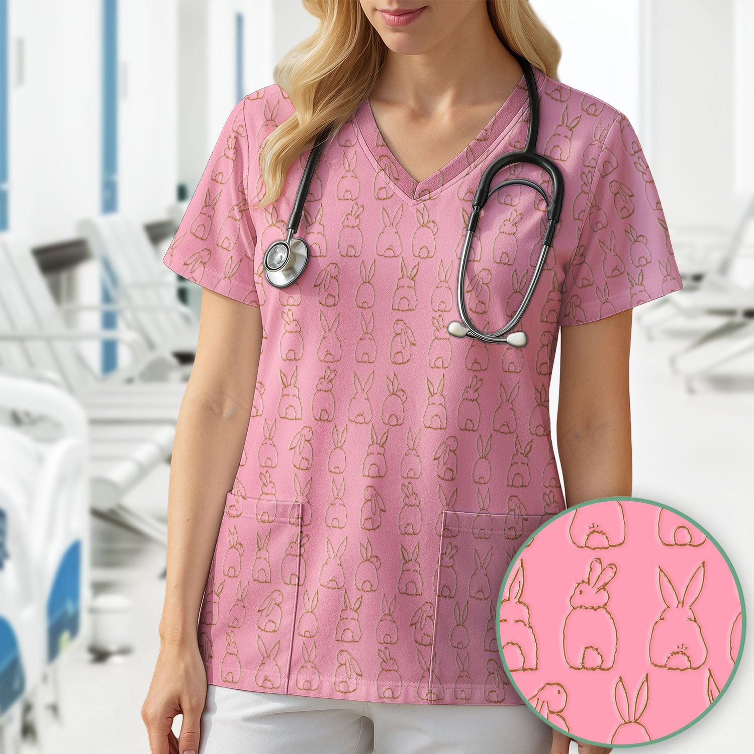 Cartoon Bunny Line Art Pattern Medical Scrub Top, Comfortable Scrubs for Nurses, Easter