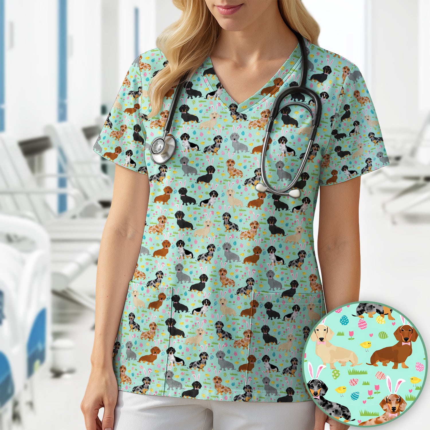 Easter Dachshund Dog Pattern Scrub Top, Comfortable Scrubs for Nurses
