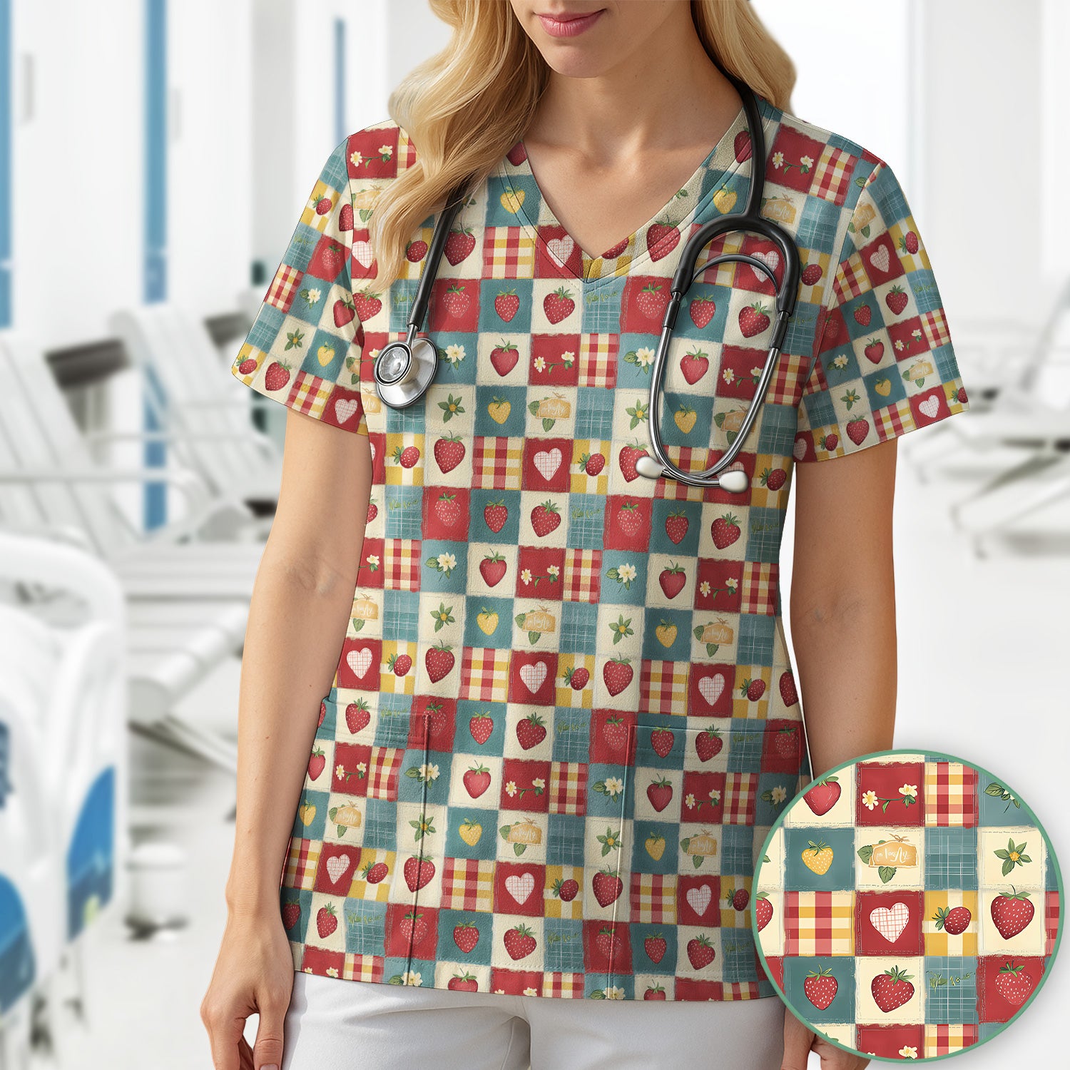 Cute Strawberry Floral Patchwork Pattern Scrubs Top, Comfortable Scrubs for Nurses