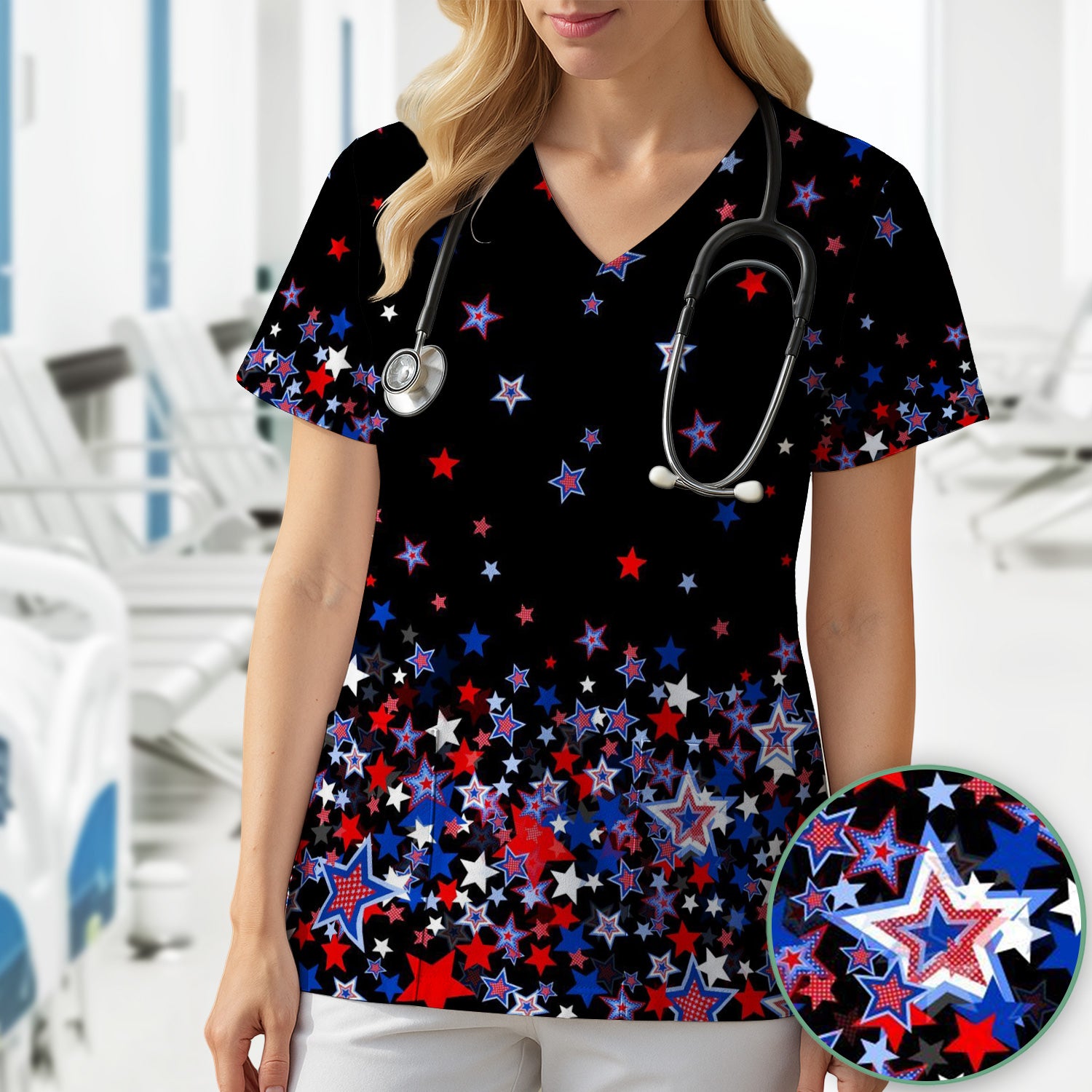 Festive Patriotic Red Blue Star Pattern Scrub Top, Comfortable Scrubs for Nurses