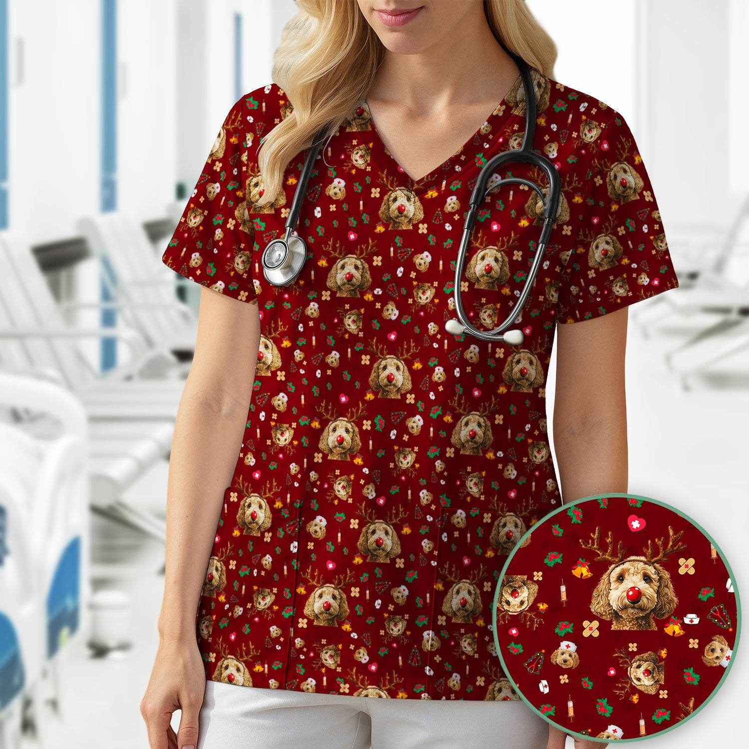 Christmas Labradoodle Scrub Top - Funny Reindeer Dog Nurse Shirt - Cute Holiday Medical Uniform for Women Healthcare Gift