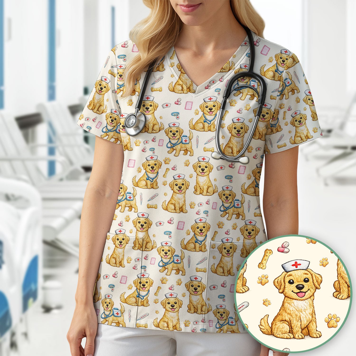 Cute Puppy Nurse Medical Print Scrub Top, Comfortable Scrubs for Nurses