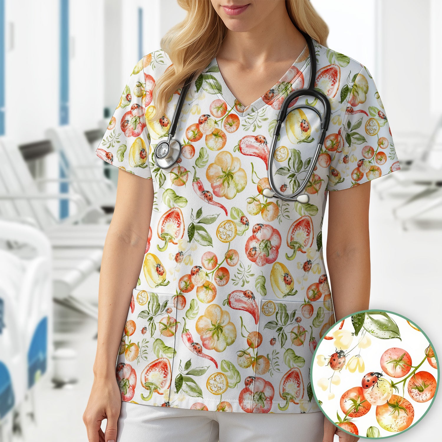 Cute Watercolor Veggie Ladybug Pattern Scrub Top, Comfortable Scrubs for Nurses