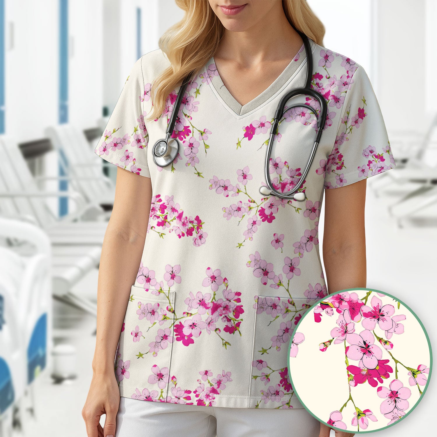 Elegant Cherry Blossom Floral Pattern Srubs, Comfortable Scrubs for Nurses