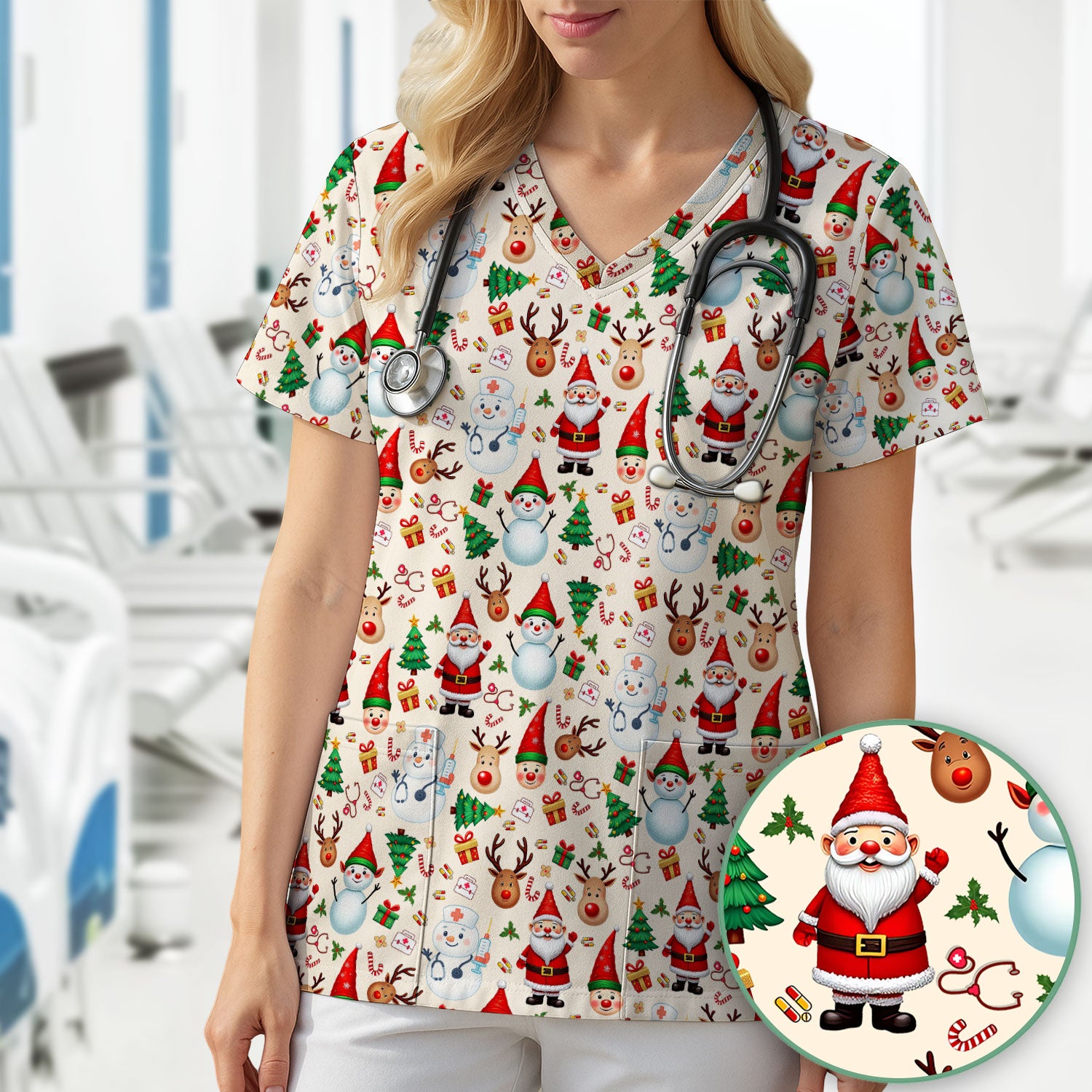Christmas Nurse Scrub Top - Cute Snowman Santa Reindeer Pattern Medical Shirt - Festive Holiday Scrubs for Women RN CNA LPN