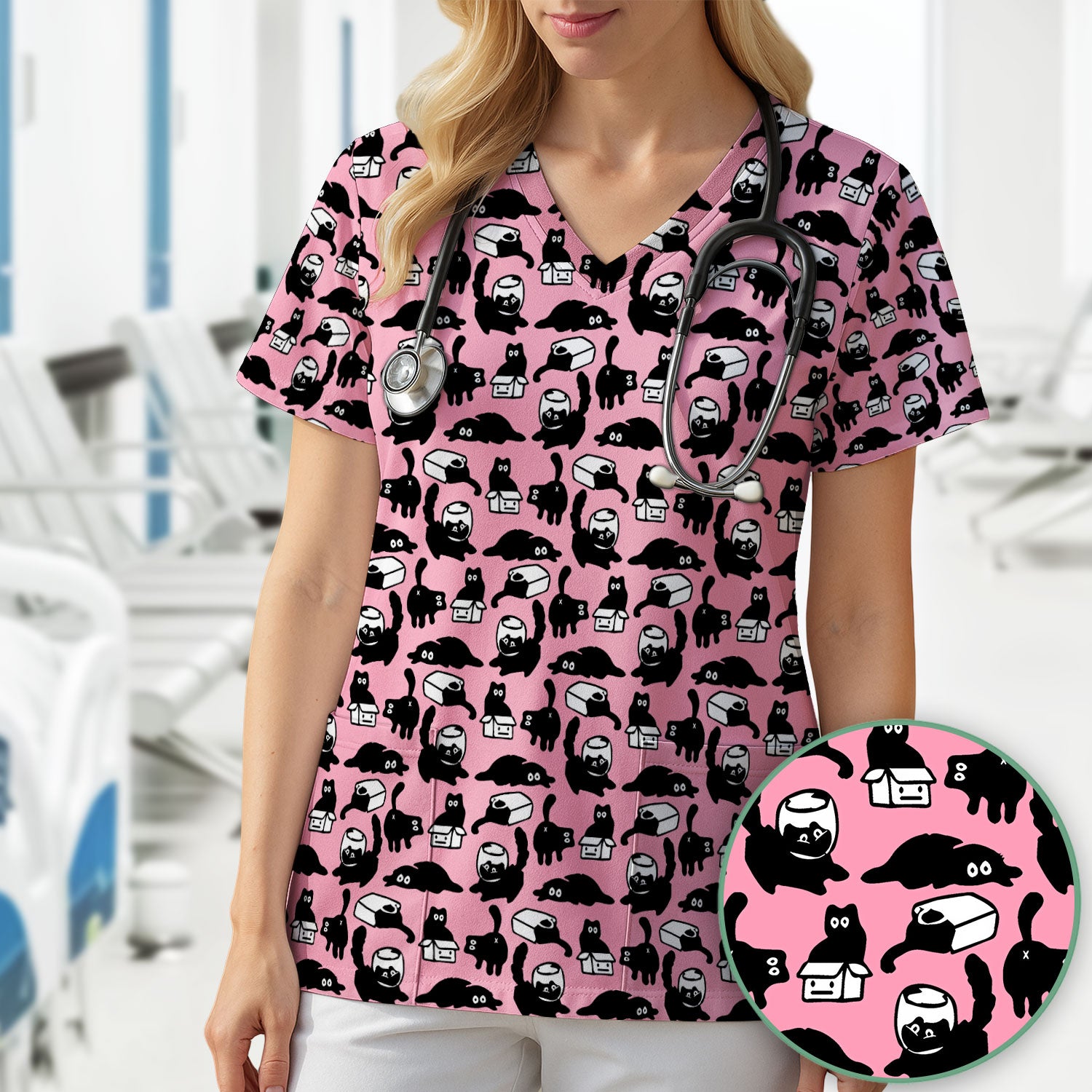 Dark Playful Cat Cartoon Pattern Scrub Top, Comfortable Scrubs for Nurses