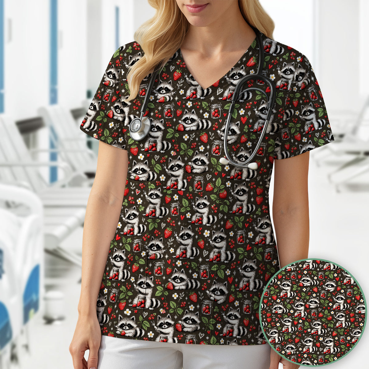 Cute Raccoons And Strawberries Pattern Scrub Top, Comfortable Scrubs for Nurses