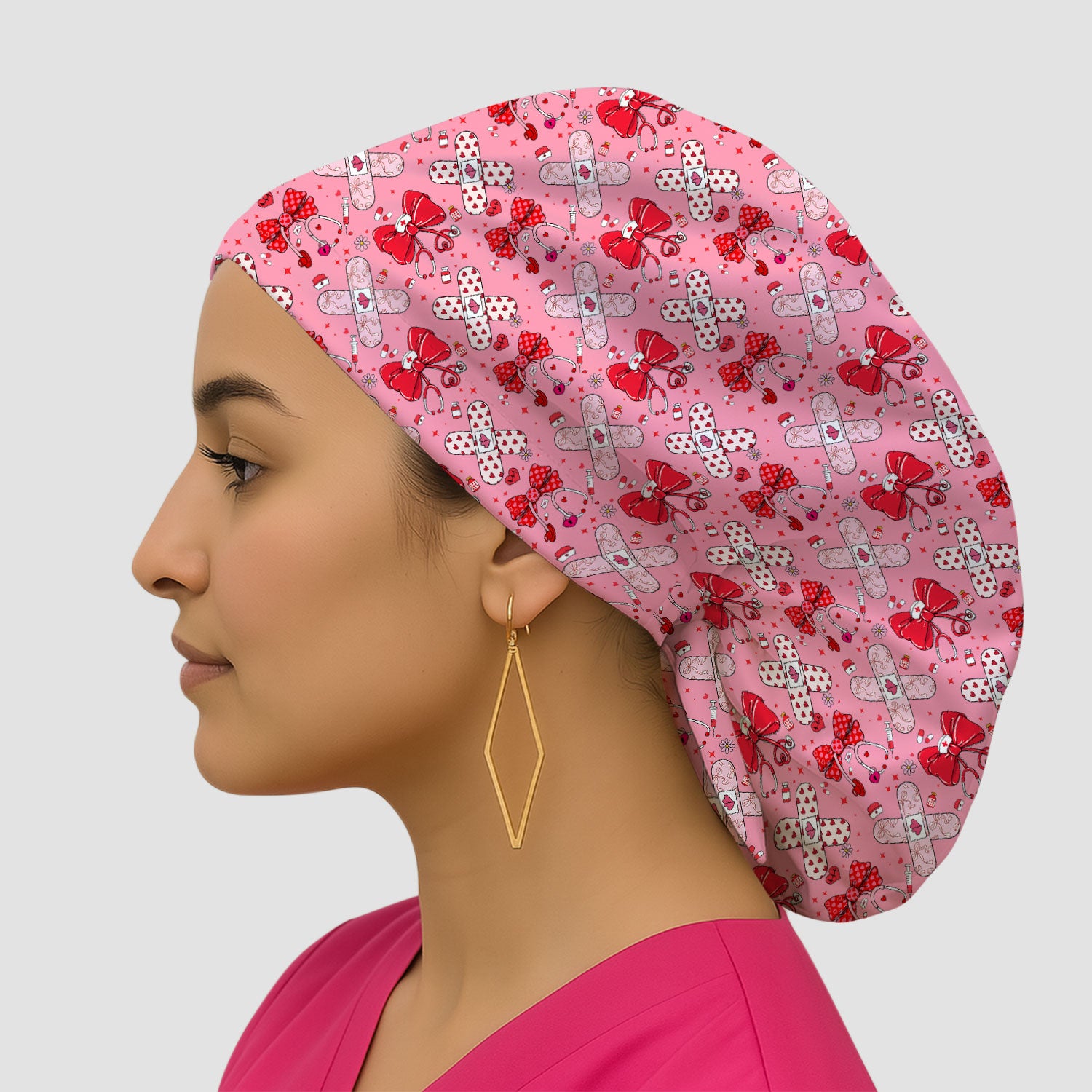 Valentine Nurse Scrub Cap, Red Bow And Heart Bandage Pattern Medical Hat, Breathable Fabrics Nursing Uniform