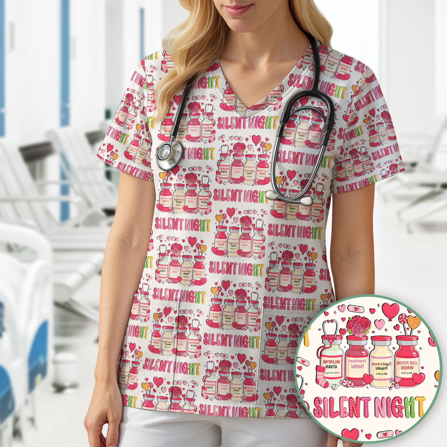 Valentine Silent Night Love Design Scrubs Top, Comfortable Scrubs for Nurses