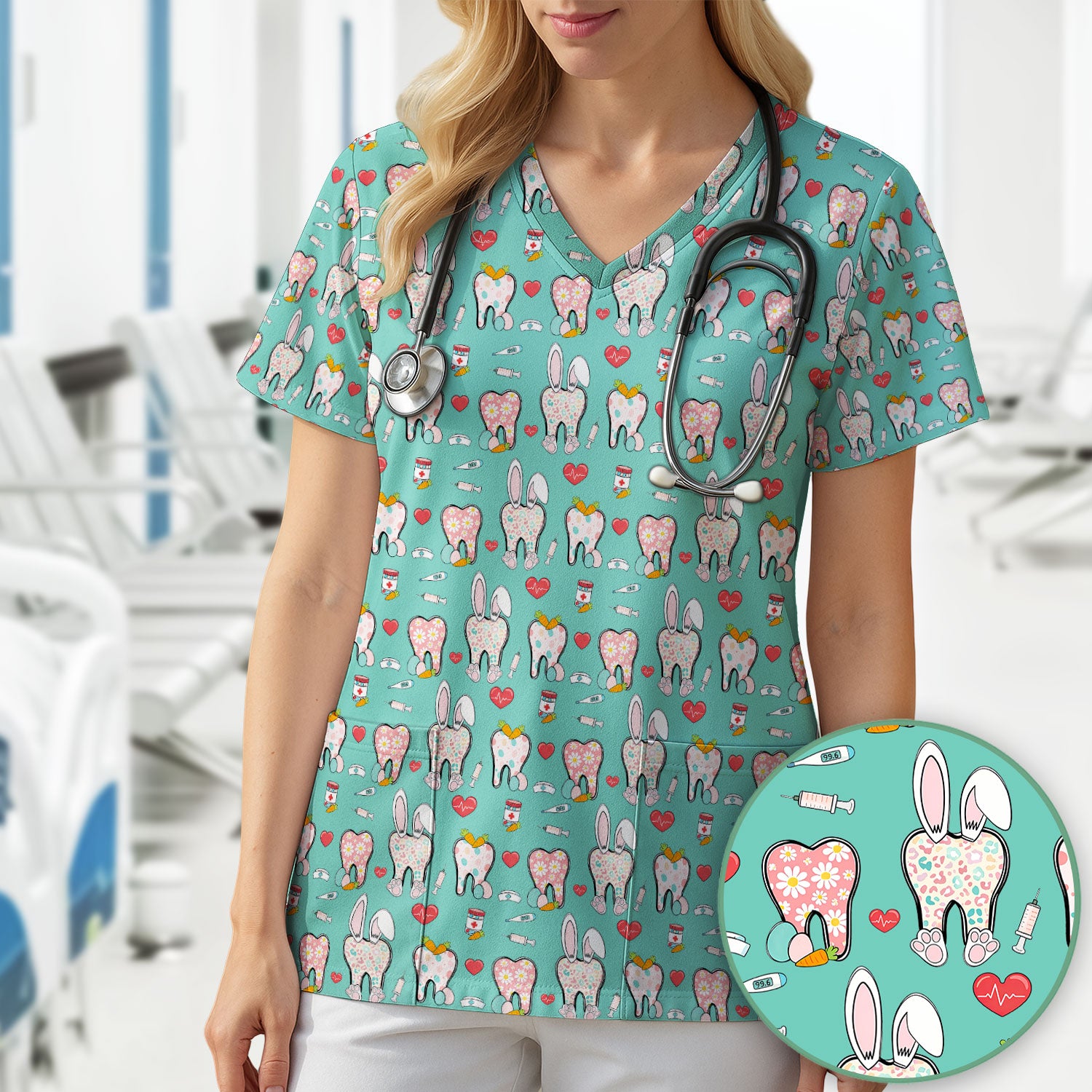 Playful Bunny Dentist Illustration Medical Scrub Top, Comfortable Scrubs for Nurses, Easter