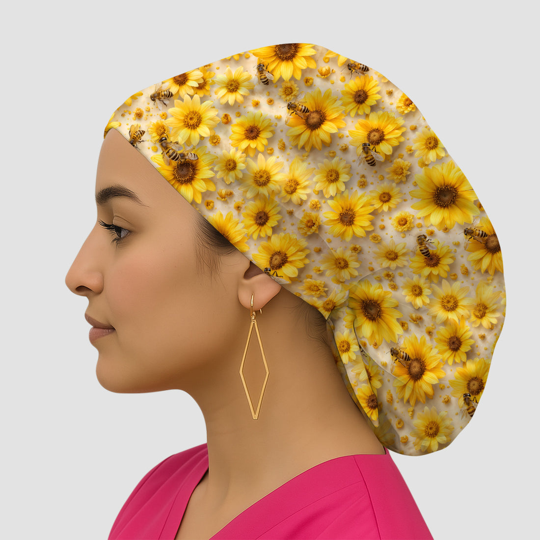 Yellow Sunflower Bee Garden Bloom Pattern Scrub Cap, Surgical Caps for Doctors