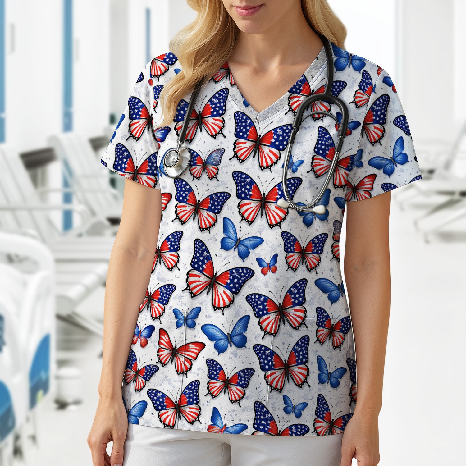Charming Patriotic Butterfly Star Pattern Scrub Top, Comfortable Scrubs For Nurses