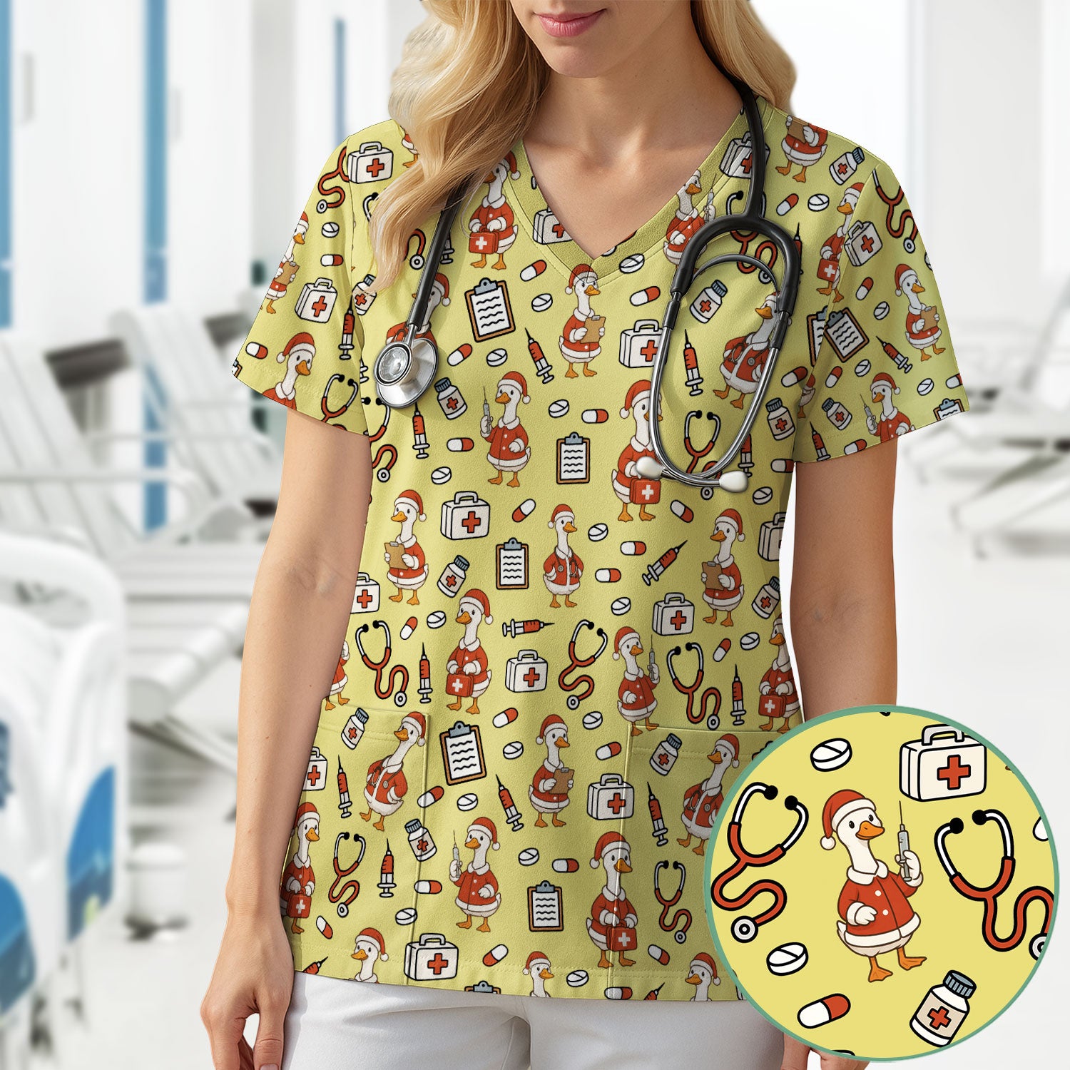 Santa Duck Nurse Scrubs - Christmas Print Medical Shirt for Women Men - Funny Holiday Scrub Top for RN CNA Doctor, Cute Xmas Gift
