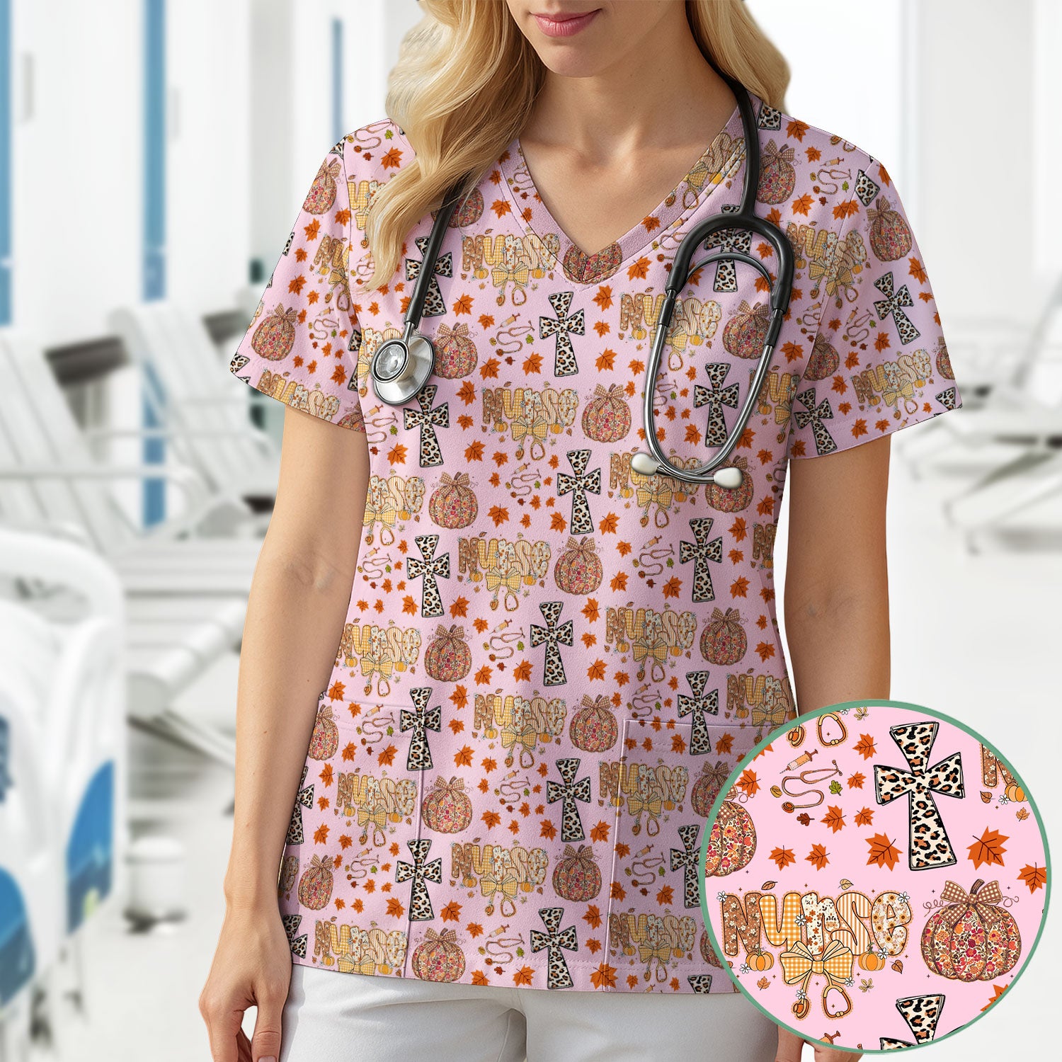 I Will Praise Him In Every Season - Boho Pumpkin Leopard Cross Fall Scrub Top for Nurse - Thanksgiving Med Uniform for Women