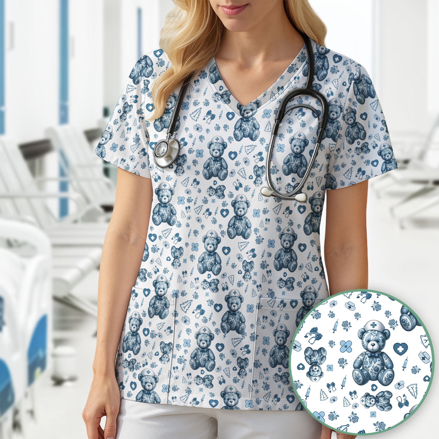 Toile Teddy Bear Nurse Scrub Top - Elegant Blue Toile de Jouy Pattern Medical Shirt for Women - Cute Vintage Nursing Uniform Gift
