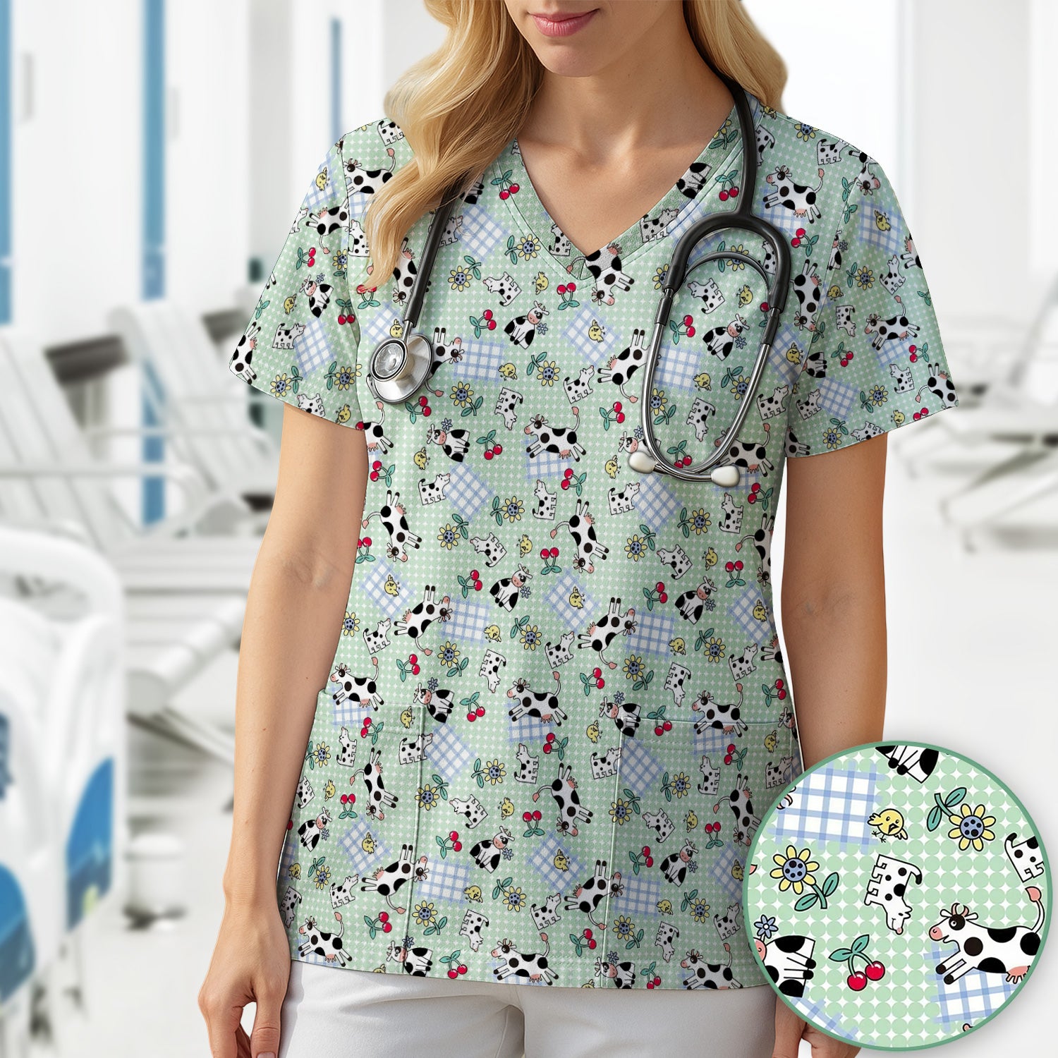 Cute Cow Cherry Farm Garden Pattern Nurse Scrub Top, Comfortable Scrubs for Nurses