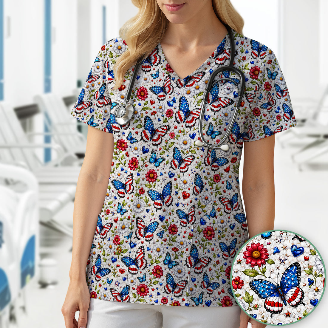 Patriotic Butterfly Daisy Heart Pattern Scrub Top, Comfortable Scrubs for Nurses