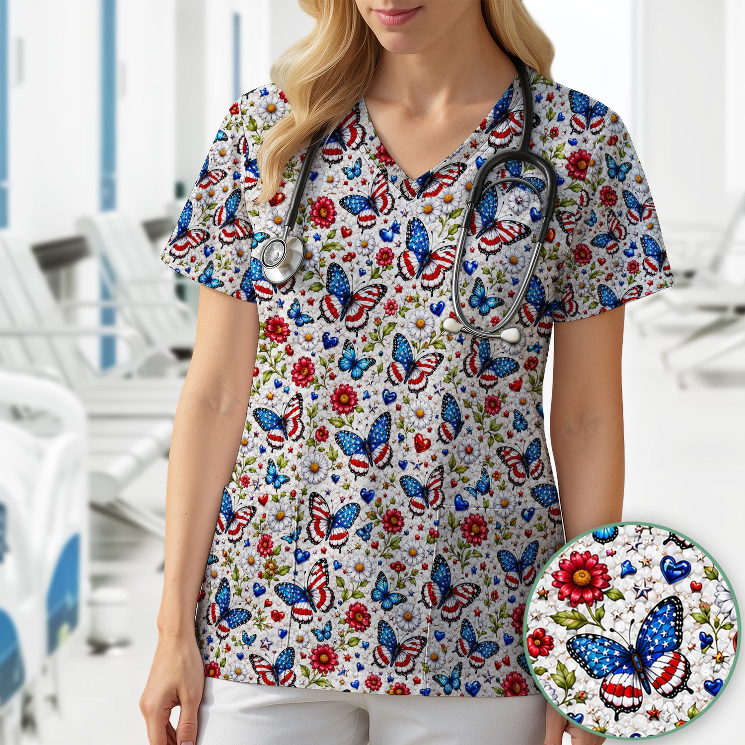 Patriotic Butterfly Daisy Heart Pattern Scrub Top, Comfortable Scrubs for Nurses