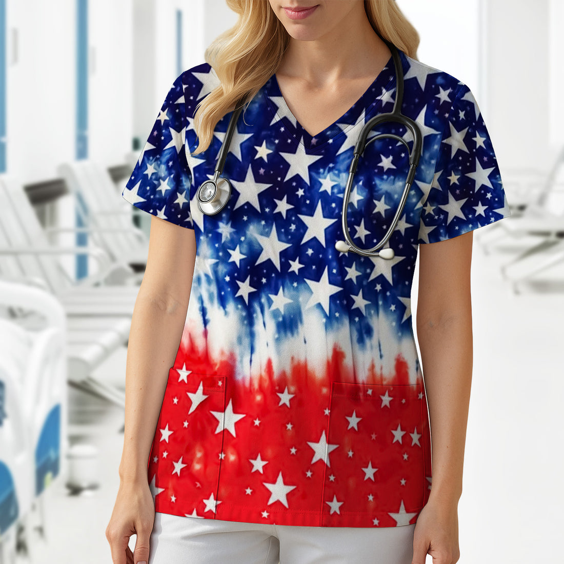 Patriotic Stars Tie Dye Pattern Scrub Top, Comfortable Scrubs for Nurses