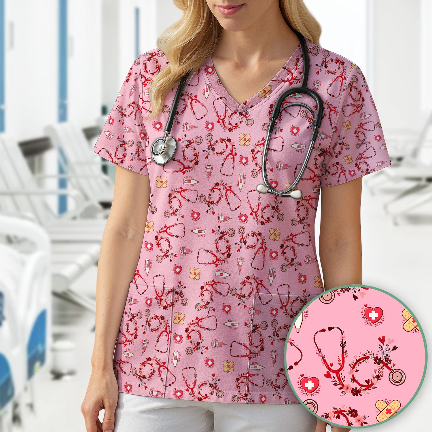 Heart Stethoscope Medical Pattern Scrub Top, Breathable Fabrics Nursing Uniform