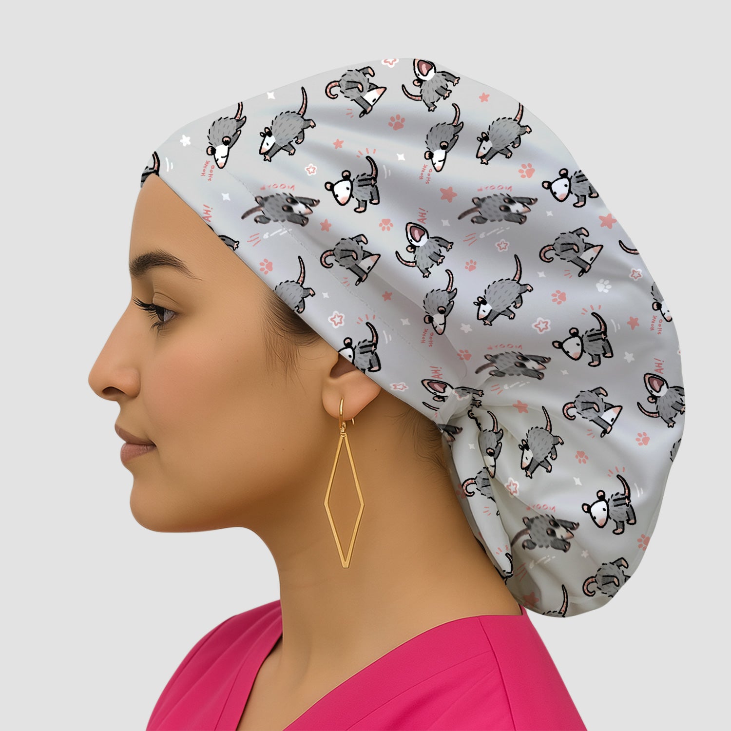 Playful Cartoon Opossum Character Pattern Cap, Bouffant Scrub Caps for Women