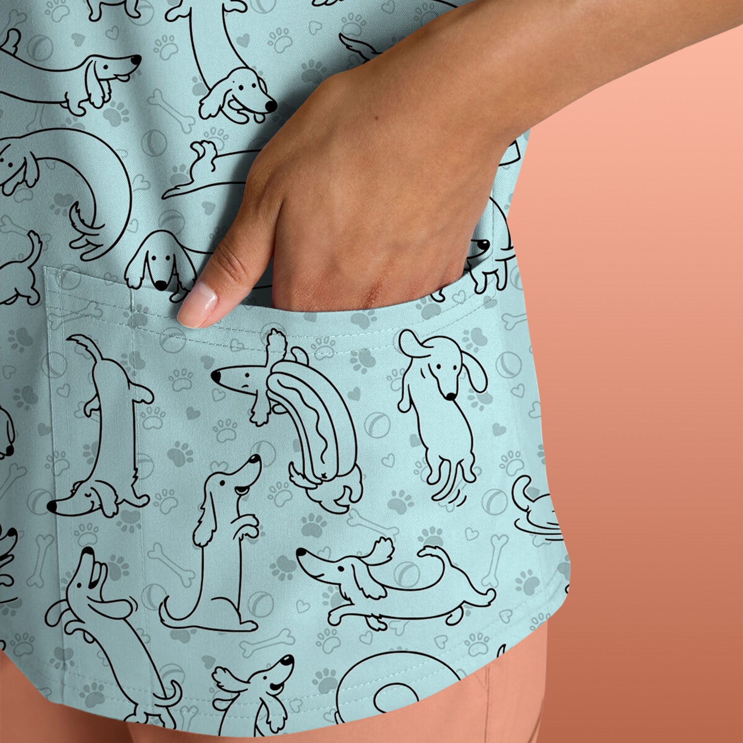 Playful Dachshund Dog Line Art Print Scrub Top, Comfortable Scrubs for Nurses