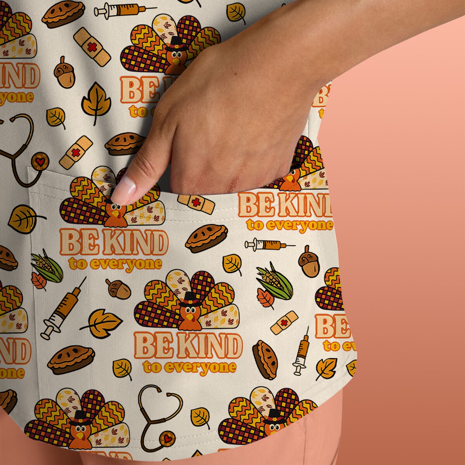 Thanksgiving Be Kind Scrub Top – Fall Nurse Shirt with Heart and Leaf Pattern – Cute Autumn Medical Uniform for Healthcare Staff