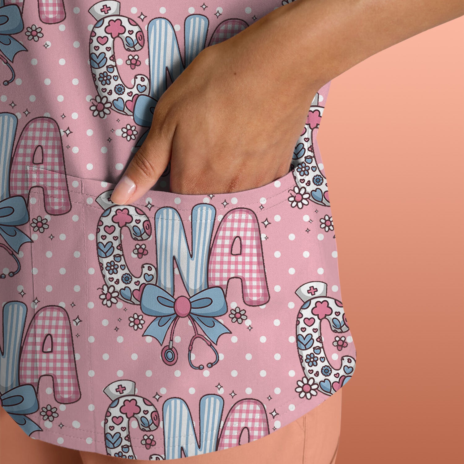 Cute CNA Floral Bow Pattern Scrub Top, Breathable Fabrics Nursing Uniform
