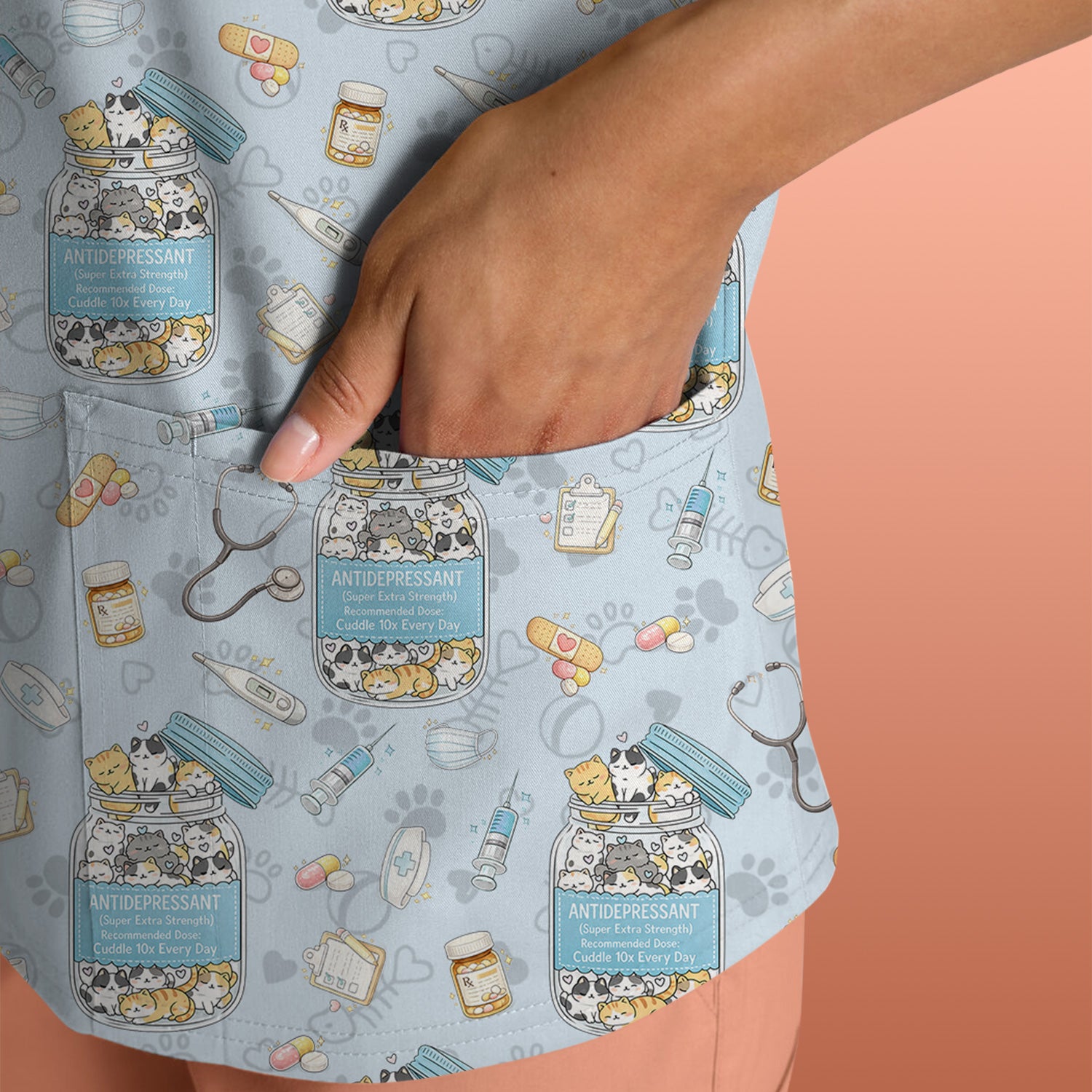 Cute Antidepressant Cat Jar Print Nurse Scrub Top, Breathable Fabrics Nursing Uniform