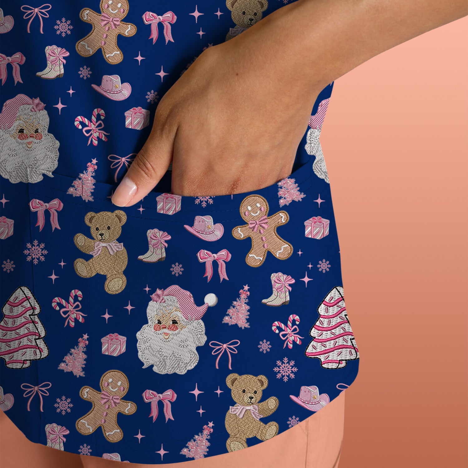 Pink Christmas Santa Gingerbread Scrub Top, Cute Holiday Medical Pattern Shirt, Breathable Fabrics Nursing Uniform