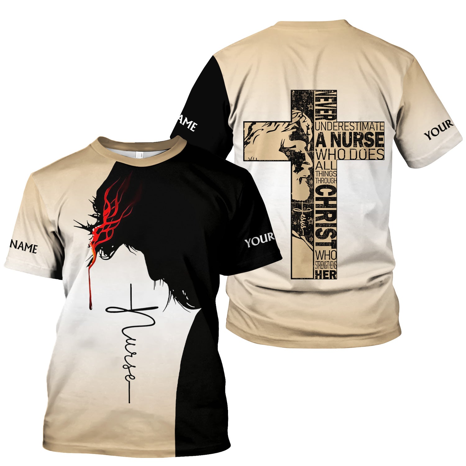 Personalized Christian Nurse Scrub Top - Christian Cross & Jesus Faith Design - Gift for RN LPN CNA