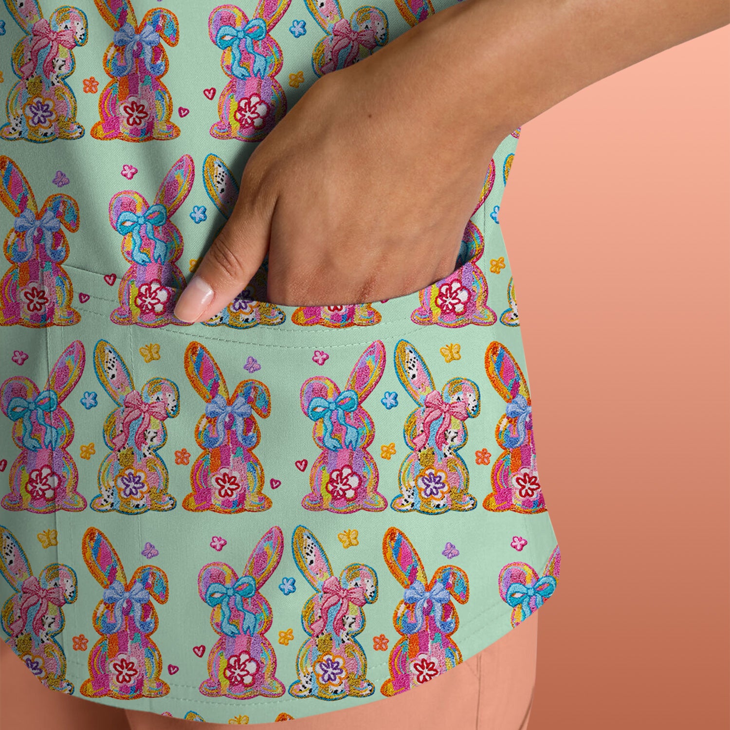 Cute Pastel Bunny Floral Pattern Scrub Top, Comfortable Scrubs for Nurses, Easter