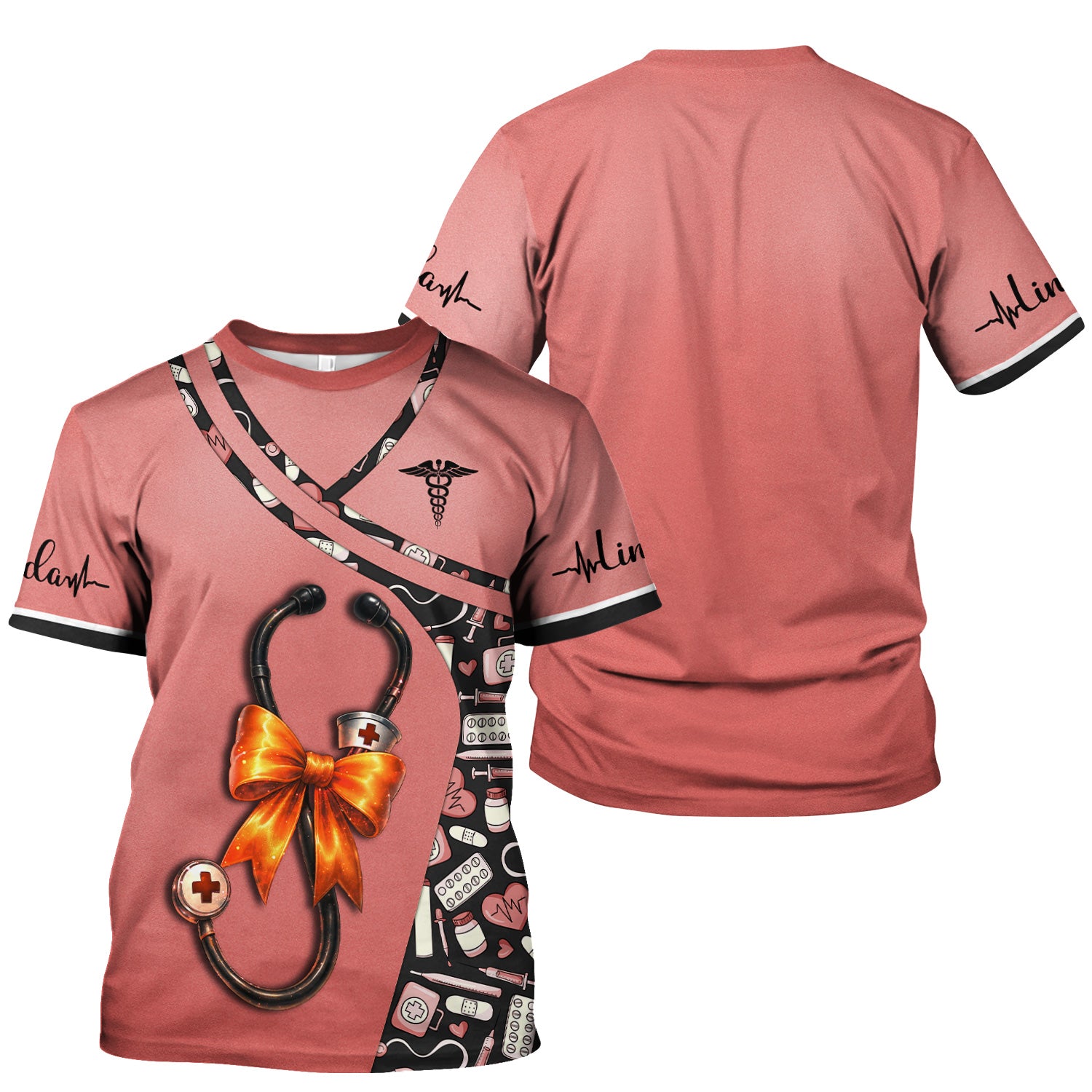 Personalized Halloween Nurse Shirt for Women - Stethoscope Scrub Top with Bow Design - Custom Name RN LPN CNA Gift