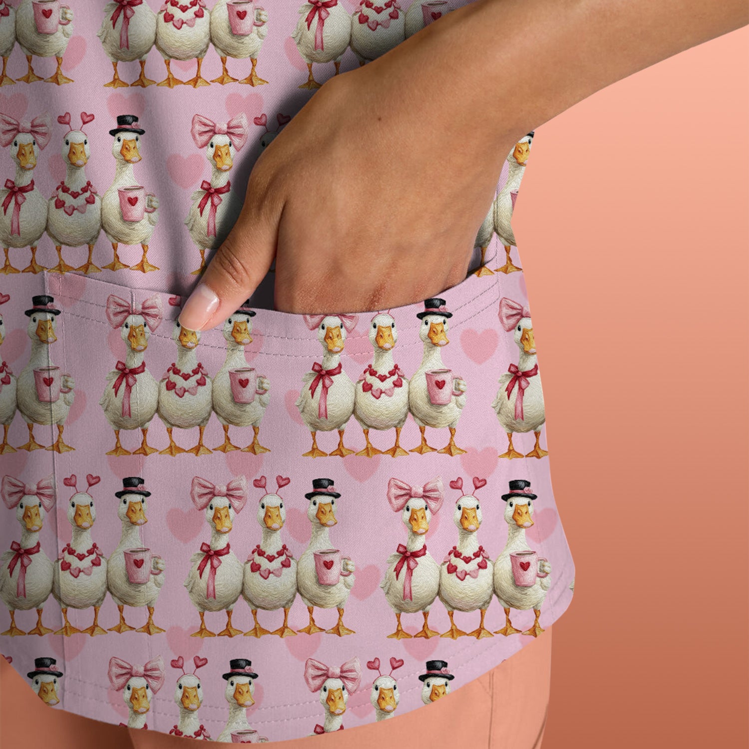 Charming Valentine Goose Heart Pink Design Scrub Top, Comfortable Scrubs for Nurses