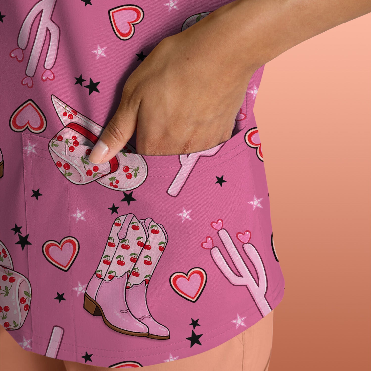 Pink Cowgirl Western Boots Hat Pattern Scrub Top, Breathable Medical Uniform Top