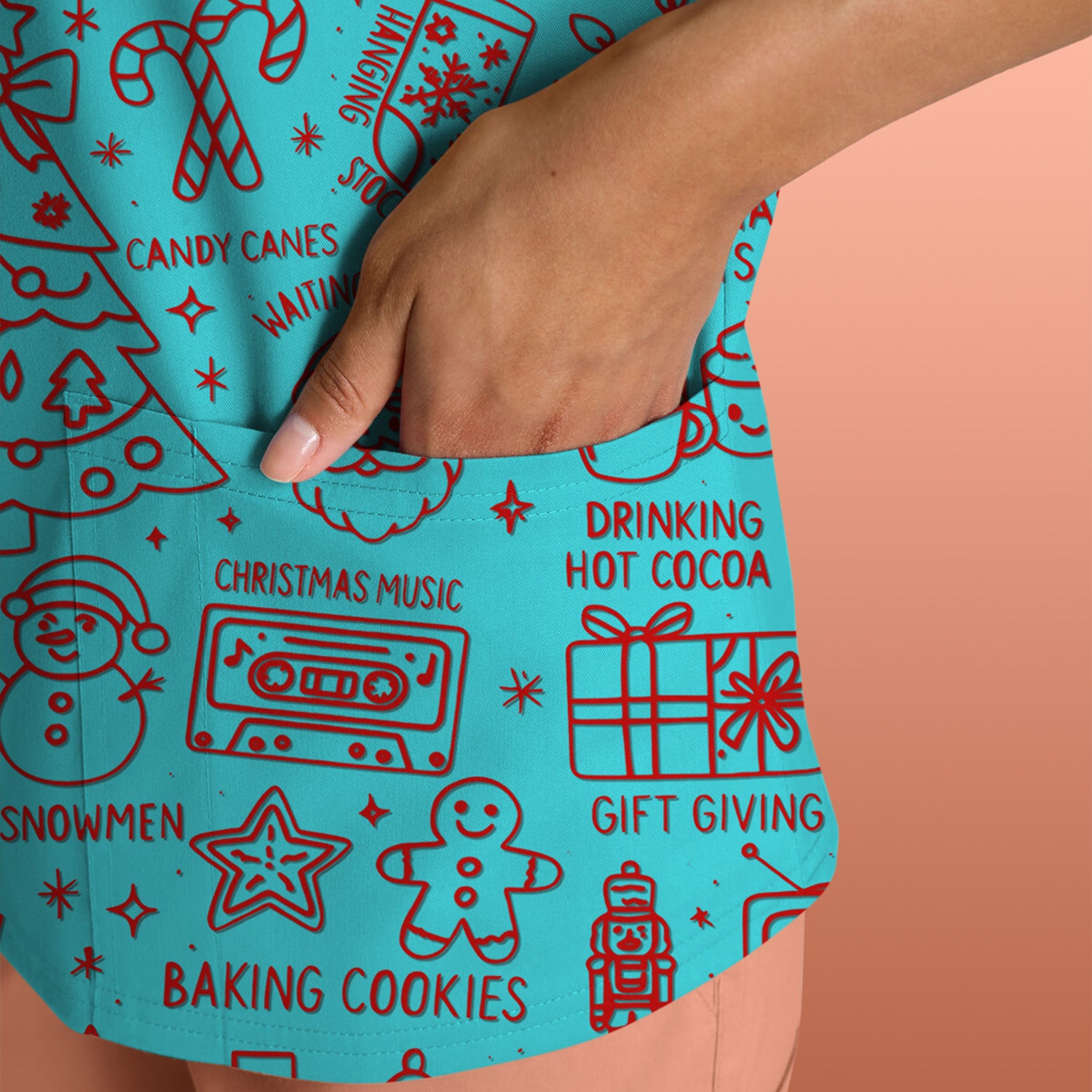 Christmas Pattern Scrub Top, Holiday Baking Cookies Nurse Shirt, Cute Medical Uniform Gift for RN, LPN, Healthcare Worker