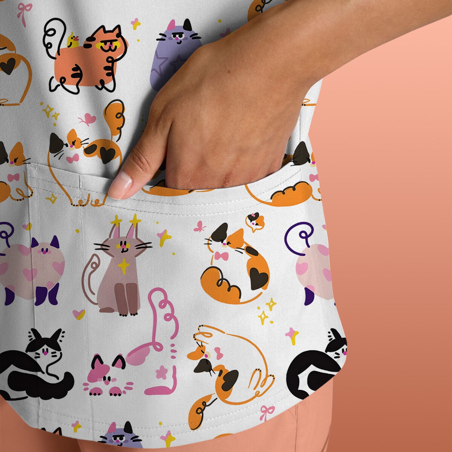 Funny Cat Pattern Scrub Top, Cute Cats Nursing Uniform For Women
