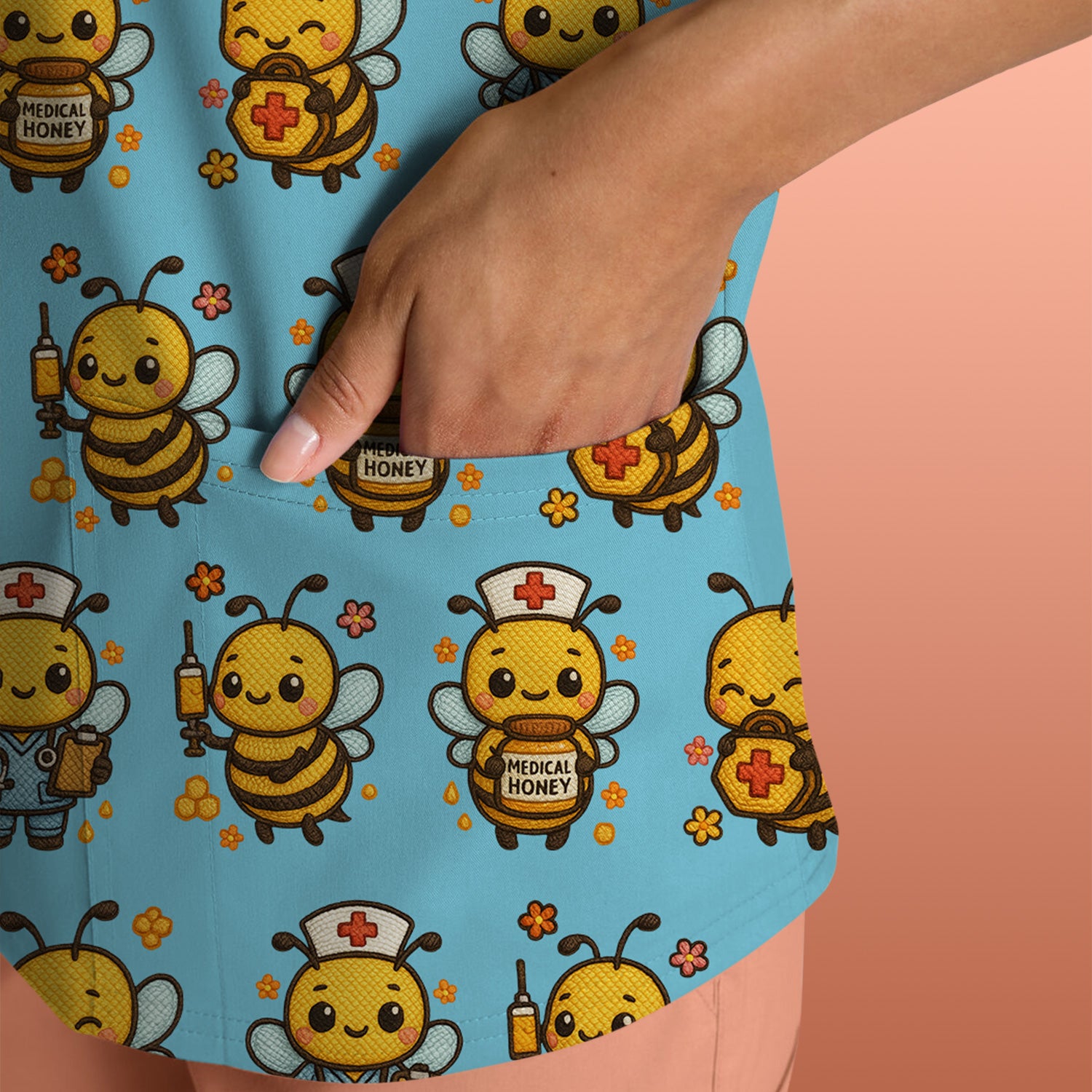 Cute Nurse Bee Scrub Top, Kawaii Medical Honey Bee Pattern Shirt for Nursing Professionals