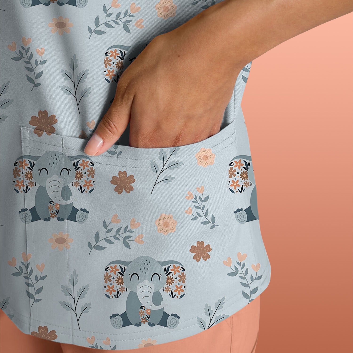 Cute Elephant Floral Print Scrub Top, Comfortable Scrubs for Nurses