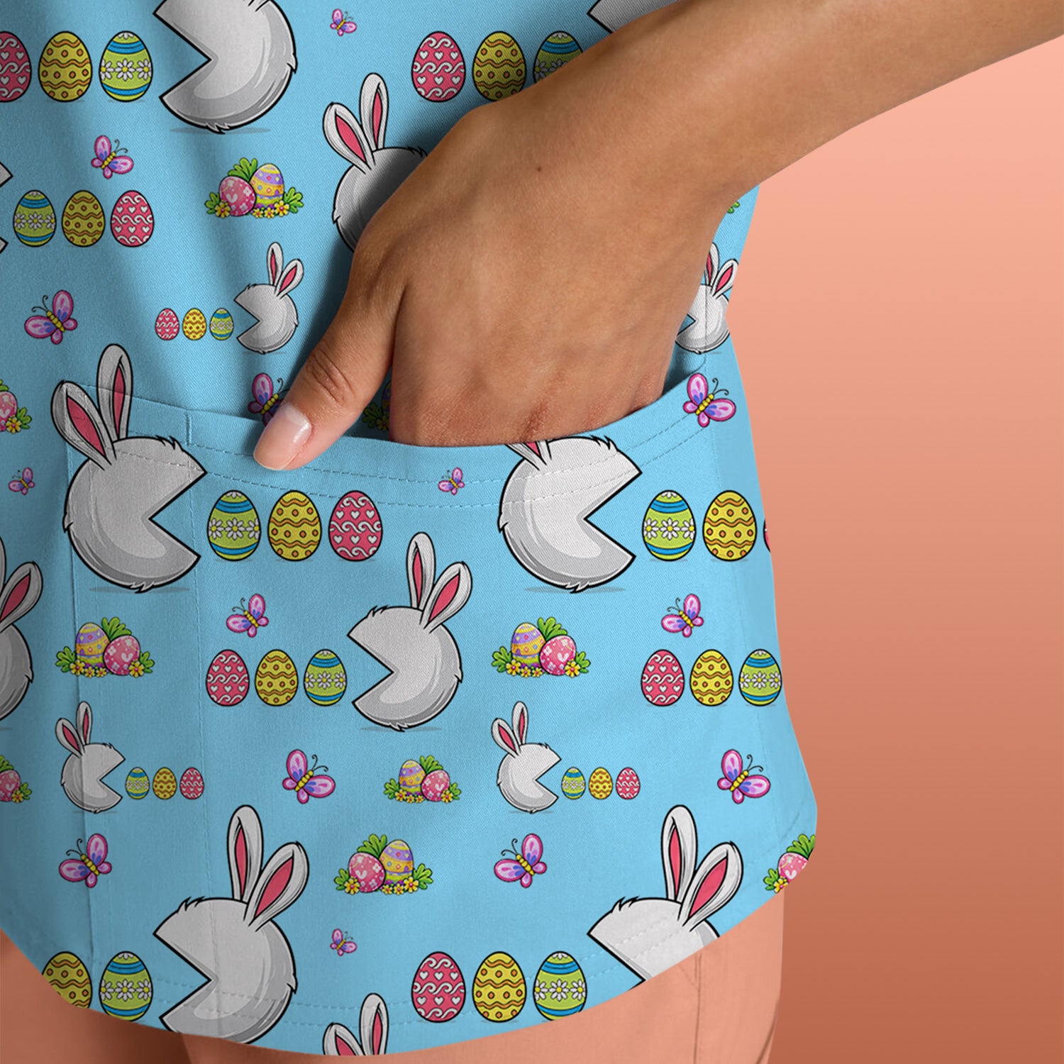 Easter Bunny and Colorful Eggs Print Scrub Top, Breathable Fabrics Nursing Uniform