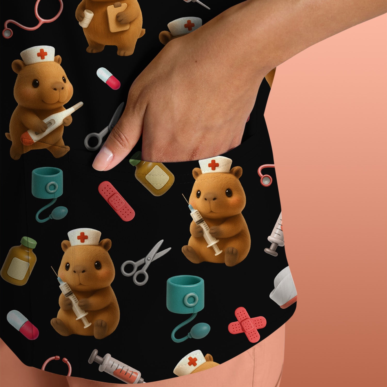 Funny Bear Scrub Top for Women - Nurse Hat and Syringe Pattern Medical Scrubs - Cute Teddy Nurse Shirt Gift for RN CNA LPN