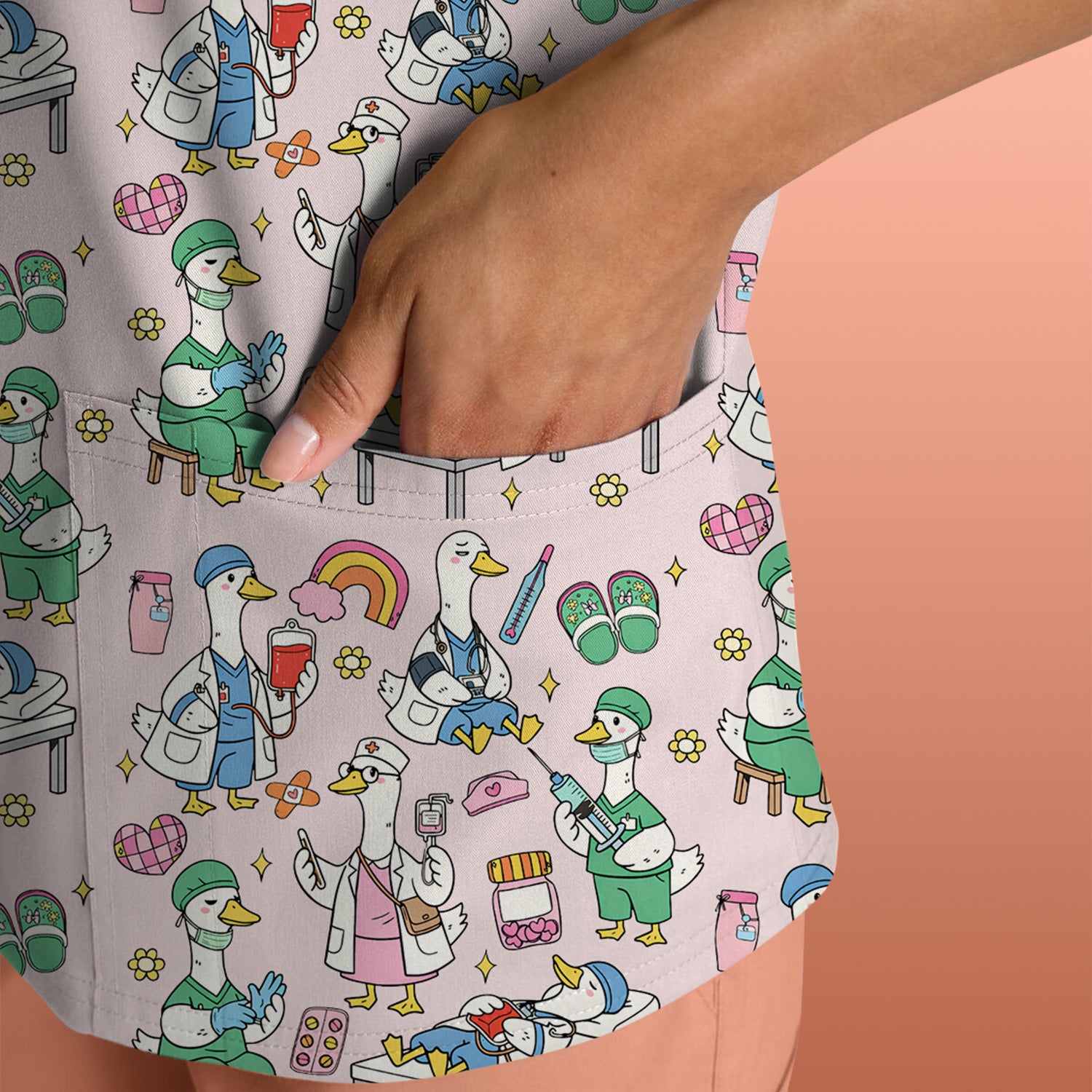 Funny Nurse Duck Medical Doodle Pattern Scrub Top, Comfortable Nurse Workwear Top