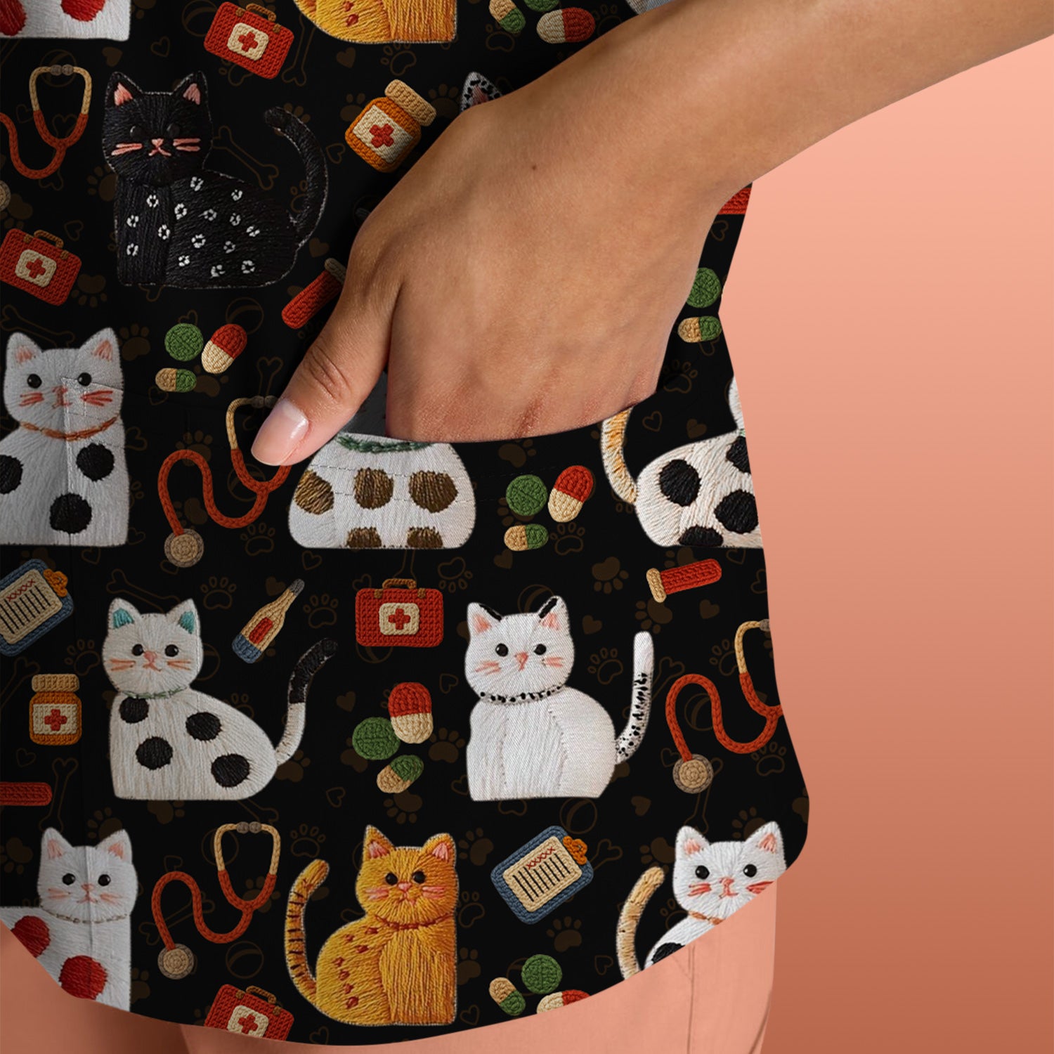 Cute Cat Scrub Top – Funny Veterinary Pattern Medical Shirt – Pet Lover Uniform For RN, LPN, CNA, and Vet Staff