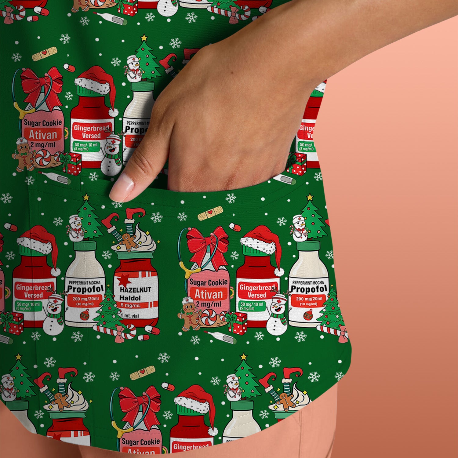 Funny Christmas Medication Scrub Top – Festive Holiday Pharma Bottles Pattern – Playful Medical Uniform for Nurses, Pharmacists & Healthcare Workers