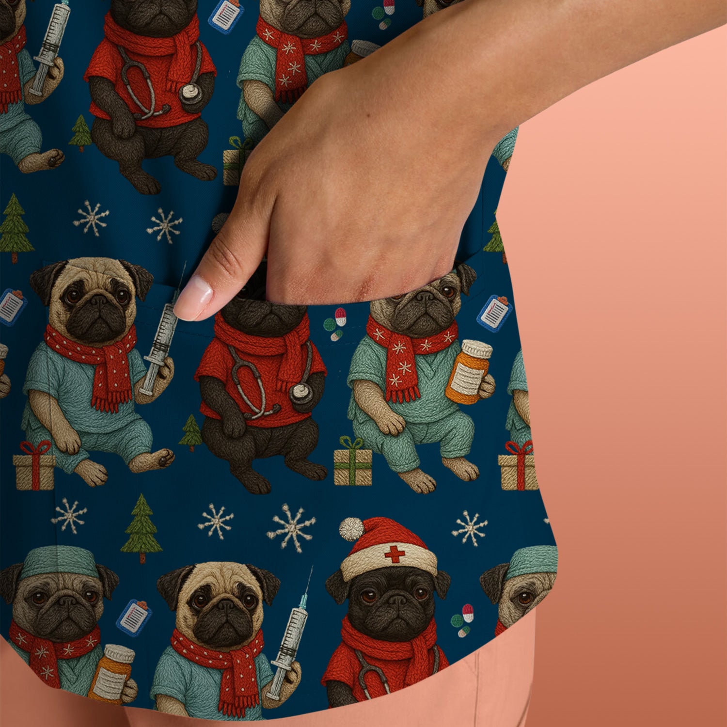 Christmas Pug Nurse Scrub Top, Cute Holiday Dog Medical Uniform Shirt For Nursing