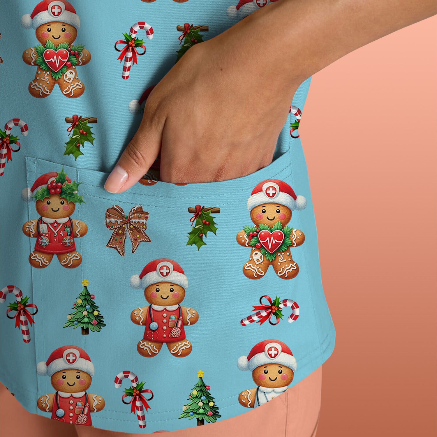 Funny Gingerbread Christmas Scrub Top - Cute Cookie with Bow Shirt - Festive Holiday Scrubs for Women